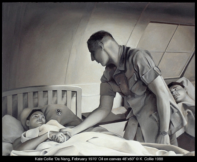 Da Nang, February 1970 'Da Nang, February 1970' shows a general awarding Steve a Purple Heart in a quonset hut hospital.
<dl>
<div align=left><p>
<i>
<p>Mom</p><p>

      I got it real bad the other day. I tripped a booby-trap & now I'm on my way to Japan.
</p><p>
           I was on patrol near Phu N'an 9 about 25 miles from Da Nang.  I picked up a sack of clothes & everything exploded.  I was thrown to the ground and I couldn't move.  Shrapnel smashed my (L) hand, (R) knee and in my back.  They performed surgery an hour later.  I now have a hole 3 by 4 inches in my knee & an opening of 8 inches down my leg.  My hand is broken & has two openings 1 1/2 by 2 inches & my back also has a large opening. I won't be coming back to Nam & I won't be comming home for about two months.
</p><p>
      A general came & presented me with the purple heart.  I'll send it home when I get to Japan.
</p><p>
        Don't send any of the money I told you to.
</p><p>
      Tell everyone I'll write when my hand gets better.   
</p><p>
                                    Gotta go
</p><p>
                                        Steve 
</i>
</p><p>
[received February 17, 1970]
</p>
</div>
</dl>
