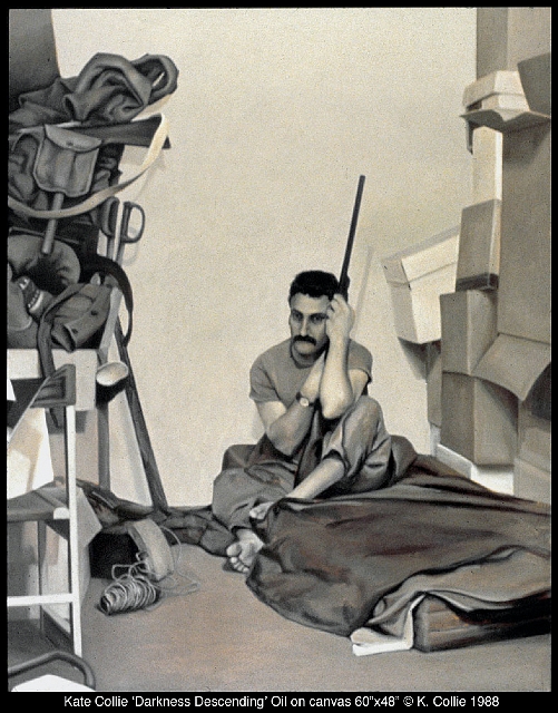 Darkness Descending 'Darkness Descending' depicts Steve's suicide attempt when his flashbacks and nightmares became unbearable.
<dl>
<div align=left><p>
<i>
I couldn't sleep because of the nightmares. My time awake and was filled with never-ending flashbacks. I was being assaulted by every terrible memory of combat. These intrusions bombarded my senses. I could see, hear and smell Viet Nam. The screams and shrinks were punctuated by incoming or outgoing shells. Machine guns rattled in my brain. I relived the killing a thousand times a day. The nights were even worse. After a year of shutting myself off from society, I could take no more. I felt I had gone mad and suicide was the only honorable option. I put a loaded rifle in my mouth and pulled the trigger. The rifle misfired. 
</i></p><p>
-- Steve Piscitelli 
</p>
</div>
</dl>
